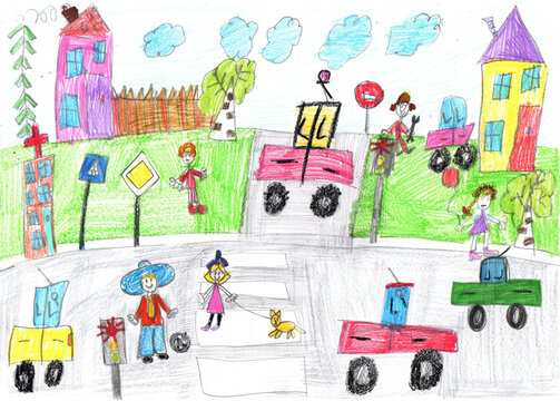 Child drawing buildings and cars. Happy family on a walk. Pencil art in childish style