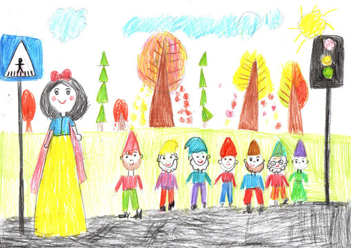 Child drawing happy Snow White and the Seven Dwarfs on a walk. Pencil art in childish style.