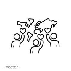 social participation icon, hand volunteer with heart, concept community support, participate contribute, unity help, thin line symbol - editable stroke vector illustration