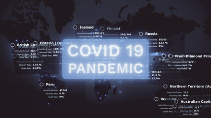 Coronavirus COVID 19 dark global map with health data and pandemic warning in blue color. China wuhan virus infection spreads over the world. Epidemic concept 3d rendering animated background 4K video