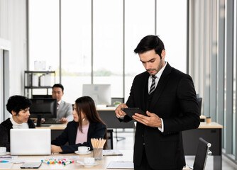 CEO, Young manager communicating through social media. The conversation was very serious. Doing business between trade partners there are business negotiations with tremendous benefits.