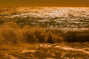 contrast sea wave close up evening view