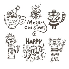New Year set with tigers. Chinese calendar symbol colllection. Vector holiday poster. Funny animals group.