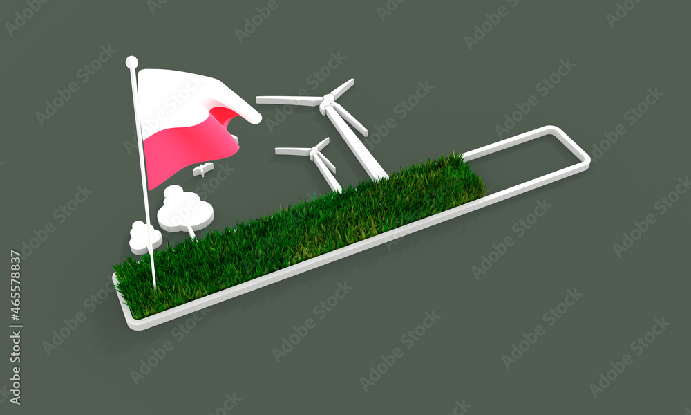 Poster progress or loading bar with trees and wind turbine. flag of poland