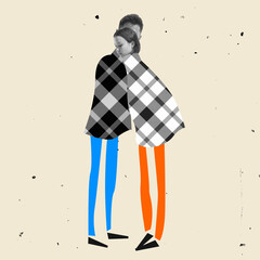 Modern design, contemporary art collage. Inspiration, idea, trendy urban magazine style. Married couple hugging