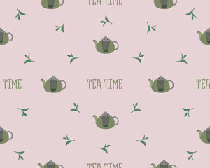 Seamless pattern with cute tea attributes in pastel colors - vector illustration, eps stock illustration