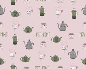 Seamless pattern with cute tea attributes in pastel colors - vector illustration, eps stock illustration