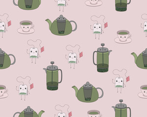 Seamless pattern with cute tea attributes in pastel colors - vector illustration, eps stock illustration