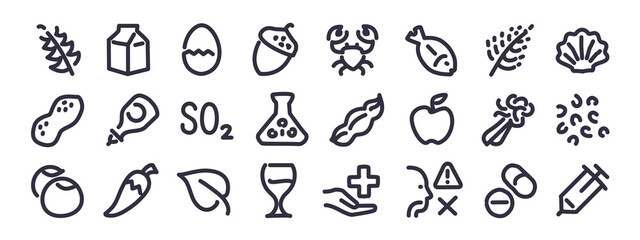 Allergens, food allergies mini icons in subtle drawing, doodle style. Good readability in small sizes and all lines are editable strokes.