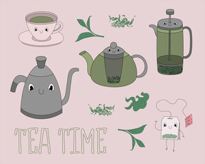 Set of cute tea attributes in pastel colors - vector illustration, eps stock illustration, isolated design elements