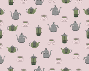 Seamless pattern with cute tea attributes in pastel colors - vector illustration, eps stock illustration