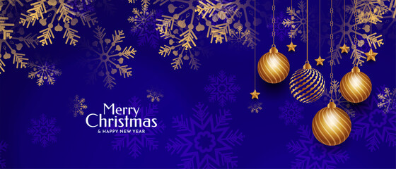 Merry Christmas festival blue banner with golden Christmas balls