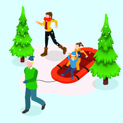 Family winter vacation riding snow tubing 3d isometric vector illustration concept for banner, website, landing page, ads, flyer template