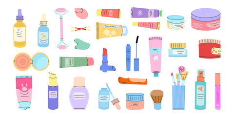 Fototapeta na wymiar Cosmetics for the face. Tubes, creams, face makeup set.Skin care vector set. Isolated on a white background.