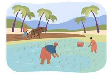 Indian farmers harvesting paddy in field with water. Male and female cartoon characters in village, farm with palm trees, man with buffalo flat vector illustration. Farming, agriculture concept