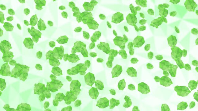 Many green leaves floating in air on white background. Low polygonal plant. Symbol of digital technology. Abstract loop animation.
