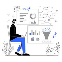 Big date analysis concept flat illustration.Character with laptop analyzing tables, charts and graphs.