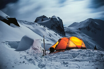 Tent in winter on a mountain top at night in the Carpathians. Bright yellow tourist tent in the...