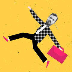 Modern design, contemporary art collage. Inspiration, idea, trendy urban magazine style. Young business man hurring to work