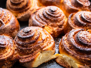 homemade fresh baked cinnamon rolls close up