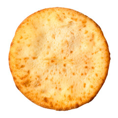 top view of flat thin round closed Ossetian pie stuffed with cheese and potatoes cutout on white background