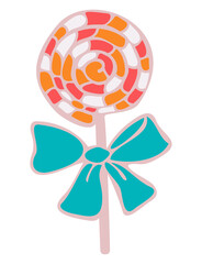 Vector illustration of candy on stick with bow-knot. Isolated twisted candy on white background.