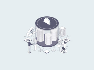 Money Saving Isometric Illustration Lineal Gray. Suitable for Mobile App, Website, Banner, Diagrams, Infographics, and Other Graphic Assets.