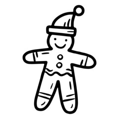 Christmas and New Year gingerbread man in a hat, linear vector cookie icon in doodle sketch style