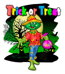 Scarecrow on Halloween night asking for sweets, drawing in cartoon style. Trick or treating