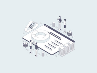 Accounting Seminar Isometric  Illustration Lineal Gray. Suitable for Mobile App, Website, Banner, Diagrams, Infographics, and Other Graphic Assets.