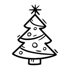 Christmas and New Year tree with toys, linear vector icon in doodle sketch style