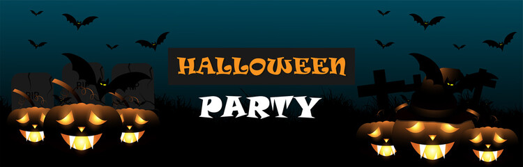 Fototapeta na wymiar Halloween party banner with glowing pumpkin, flying bats on horror background