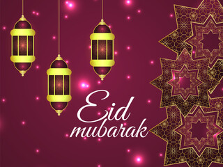 Eid mubarak invitation pattern background with golden lantern