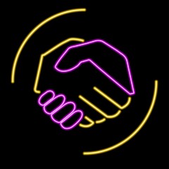 Business handshake neon sign, modern glowing banner design, colorful modern design trends on black background. Vector illustration.