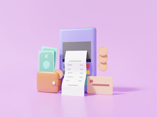 Card payment concept. via Pos terminal Machine with wallet coins credit or debit pay bill Financial transactions. on purple background. 3d render illustration