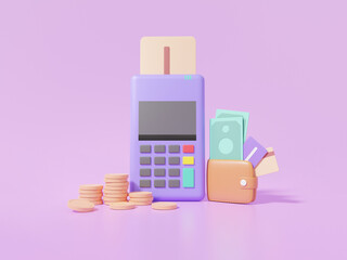 Pos terminal Machine with payment credit or debit card pay bill concept. Financial transactions. minimal cute smooth on purple background. 3d render illustration