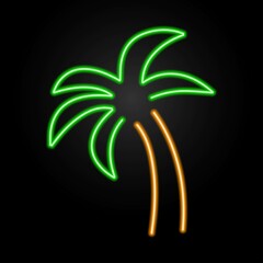 Palm tree neon sign, modern glowing banner design, colorful modern design trend on black background. Vector illustration.