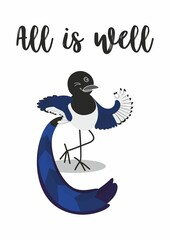 Vector illustration with cartoon magpie. Cheerful bird. Postcard with a bird for a good mood. Winking bird.