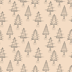 Winter seamless pattern with forest, creative gray Christmas trees on a  beige background. Vector illustration. The design is suitable for wrapping sites, prints, wallpapers, textiles, digital paper