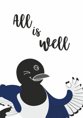 Vector illustration with cartoon magpie. Cheerful bird. Postcard with a bird for a good mood. Winking bird.