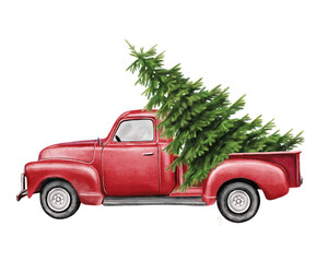 Christmas red vintage pick up with christmas tree and gifts. Hand painted watercolor illustration isilated on white background
