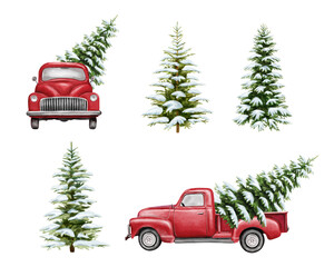 Christmas red vintage pick up with christmas tree and gifts. Hand painted watercolor illustration isilated on white background