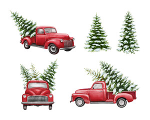 Christmas red vintage pick up with christmas tree and gifts. Hand painted watercolor illustration isilated on white background