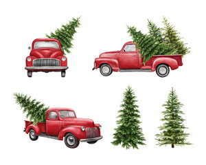 Christmas red vintage pick up with christmas tree and gifts. Hand painted watercolor illustration isilated on white background