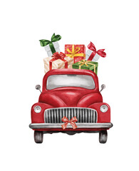 Christmas red vintage pick up with christmas tree and gifts. Hand painted watercolor illustration isilated on white background