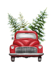 Christmas red vintage pick up with christmas tree and gifts. Hand painted watercolor illustration isilated on white background
