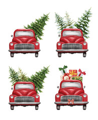 Christmas red vintage pick up with christmas tree and gifts. Hand painted watercolor illustration isilated on white background