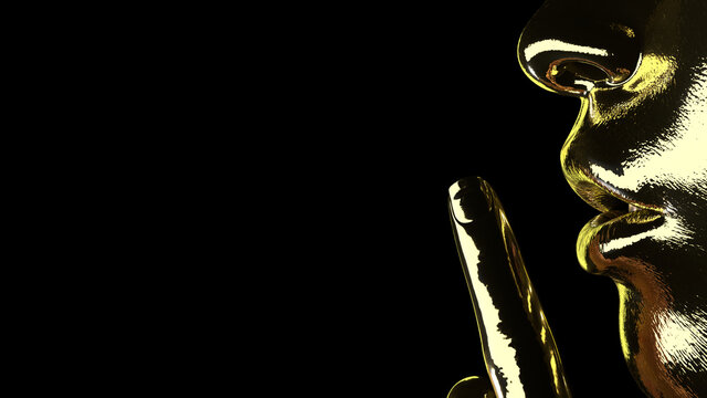 Le silence est d'or. Proverbe illustr&eacute; par un visage dor&eacute; mimant Chut ! Rendu 3D
