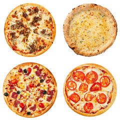 Set of different pizzas collage isolated on white background