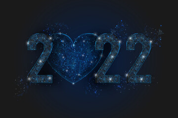 Abstract isolated blue image of new year number 2022 with heart. Polygonal low poly wireframe illustration looks like stars in the blask night sky in spase or flying glass shards.